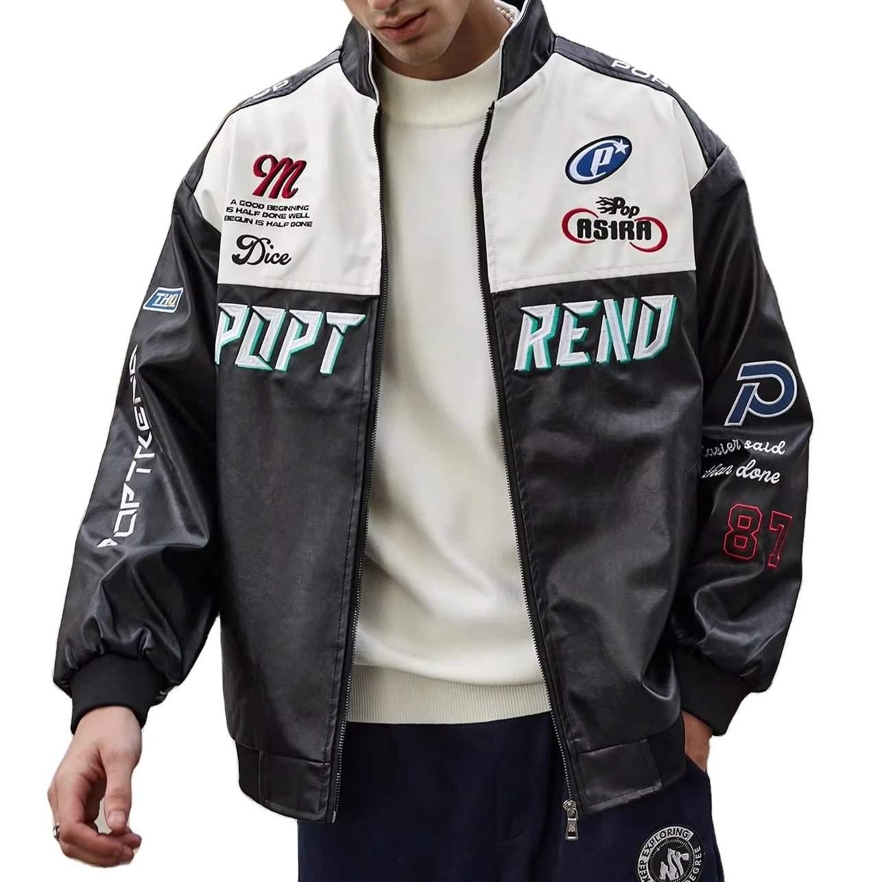 American Men's Retro PU Leather Flying Jacket Men's Text & Graphic Print Racing Leather Jacket