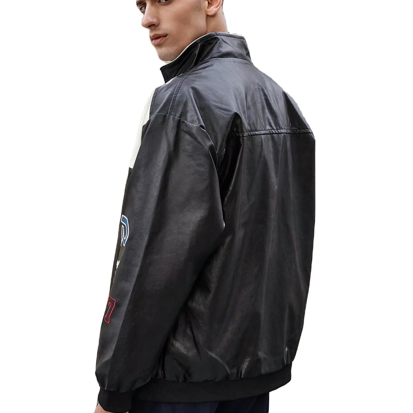 American Men's Retro PU Leather Flying Jacket Men's Text & Graphic Print Racing Leather Jacket