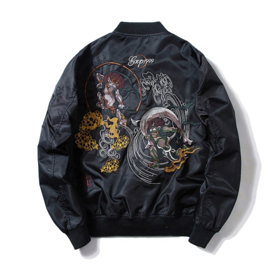 Custom Spring Embroidery Tiger Head Flight Men Satin Bomber Jacket Color In Black Made In China
