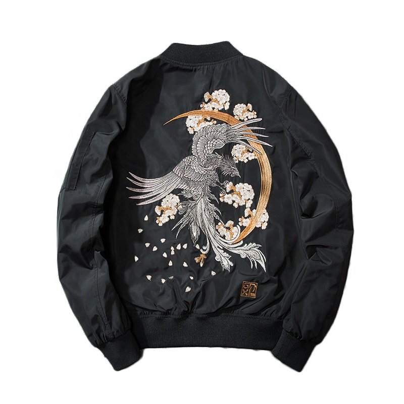 Custom Spring Embroidery Tiger Head Flight Men Satin Bomber Jacket Color In Black Made In China