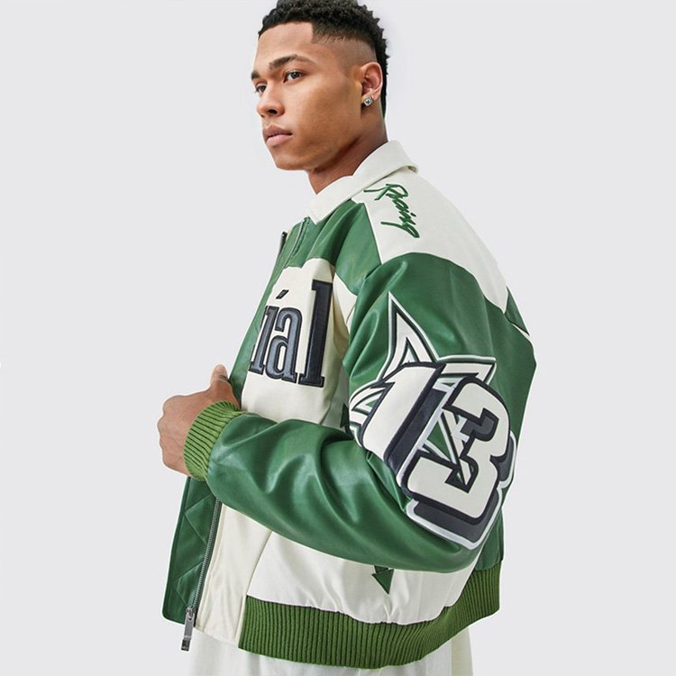 HL Men's Jacket Racing Style Custom Patchwork Letter Embroidery Moto Jacket PU Leather Bomber Jacket Boxy Fit