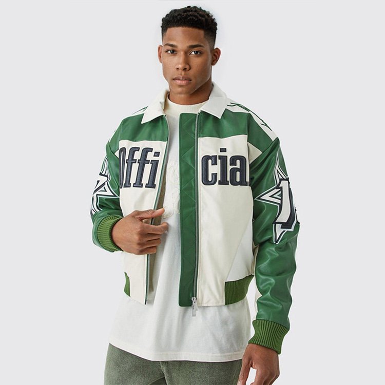 HL Men's Jacket Racing Style Custom Patchwork Letter Embroidery Moto Jacket PU Leather Bomber Jacket Boxy Fit