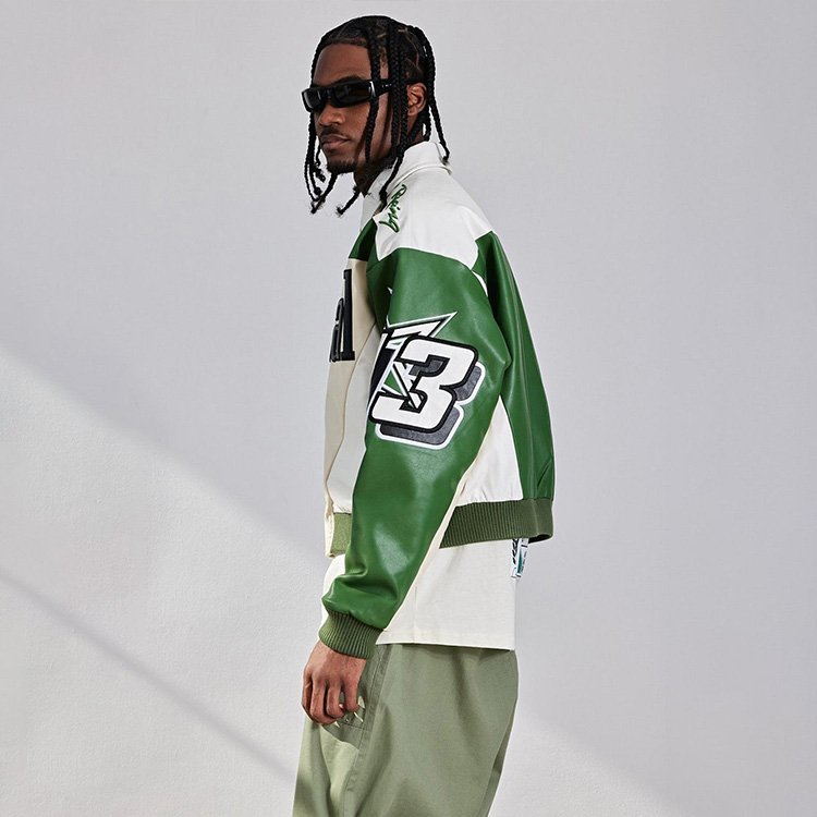 HL Men's Jacket Racing Style Custom Patchwork Letter Embroidery Moto Jacket PU Leather Bomber Jacket Boxy Fit