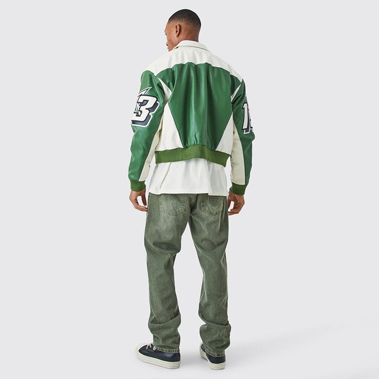 HL Men's Jacket Racing Style Custom Patchwork Letter Embroidery Moto Jacket PU Leather Bomber Jacket Boxy Fit