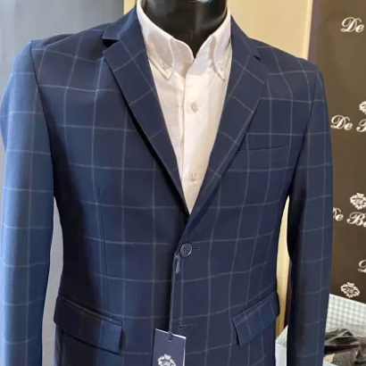 Tailored suit jacket 100% cotton blue pinstripe checked from size 46 to 60 Made in Italy high quality