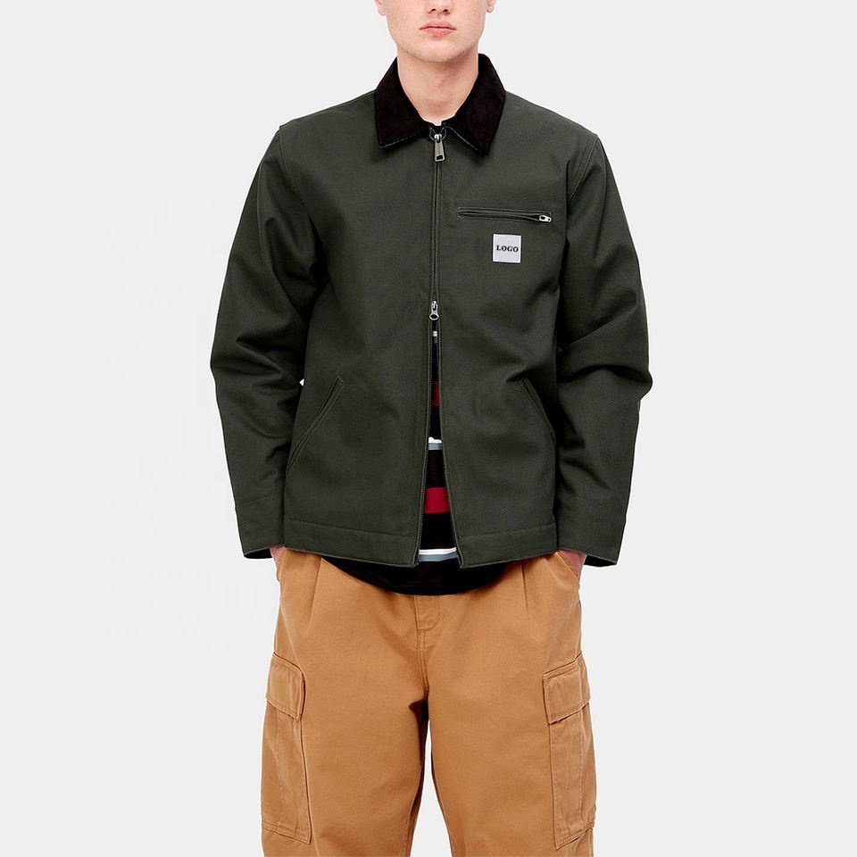 Custom OEM/ODM Fashion Corduroy Neck Men Work Hunting Jacket Utility Duck Canvas Jacket Zip Worker Jacket For Men