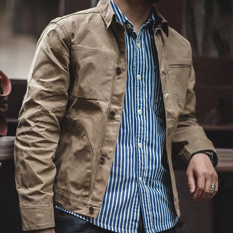 American tooling Lapel canvas oil wax jacket men's Khaki coat style men's hard style loose