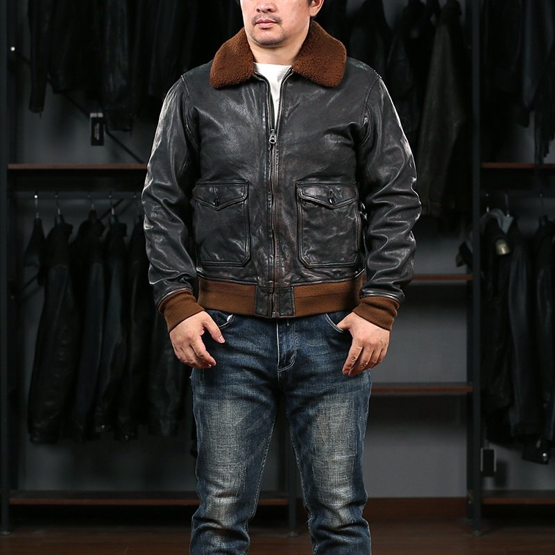 Custom Winter G1 Goatskin Bomber Jacket Pilot Vintage Men's Fur Collar Plus Size Heavy Washed Pleated Genuine Leather Clothings