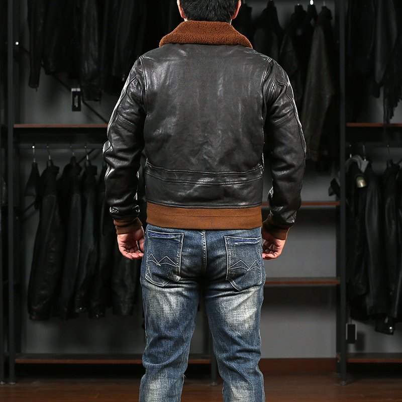 Custom Winter G1 Goatskin Bomber Jacket Pilot Vintage Men's Fur Collar Plus Size Heavy Washed Pleated Genuine Leather Clothings