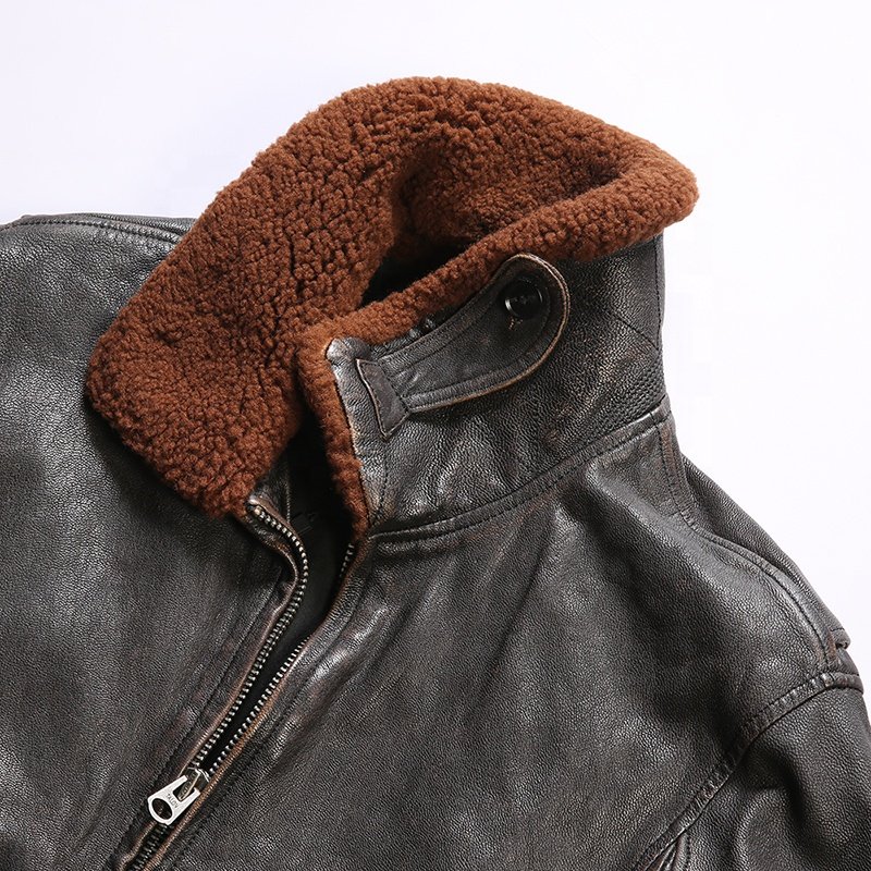 Custom Winter G1 Goatskin Bomber Jacket Pilot Vintage Men's Fur Collar Plus Size Heavy Washed Pleated Genuine Leather Clothings