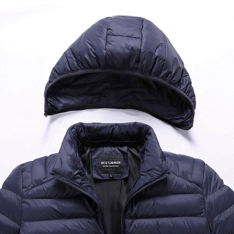 High quality unisex sportswear light weight zipper side zip pockets outwear down puffer jacket custom logo hooded men's jackets