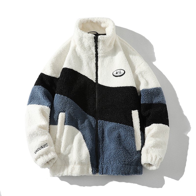 Custom Drop Shipping Fashion Winter Thick Coat Full Zipper Up Color Blocked Men Sherpa Fleece Jacket