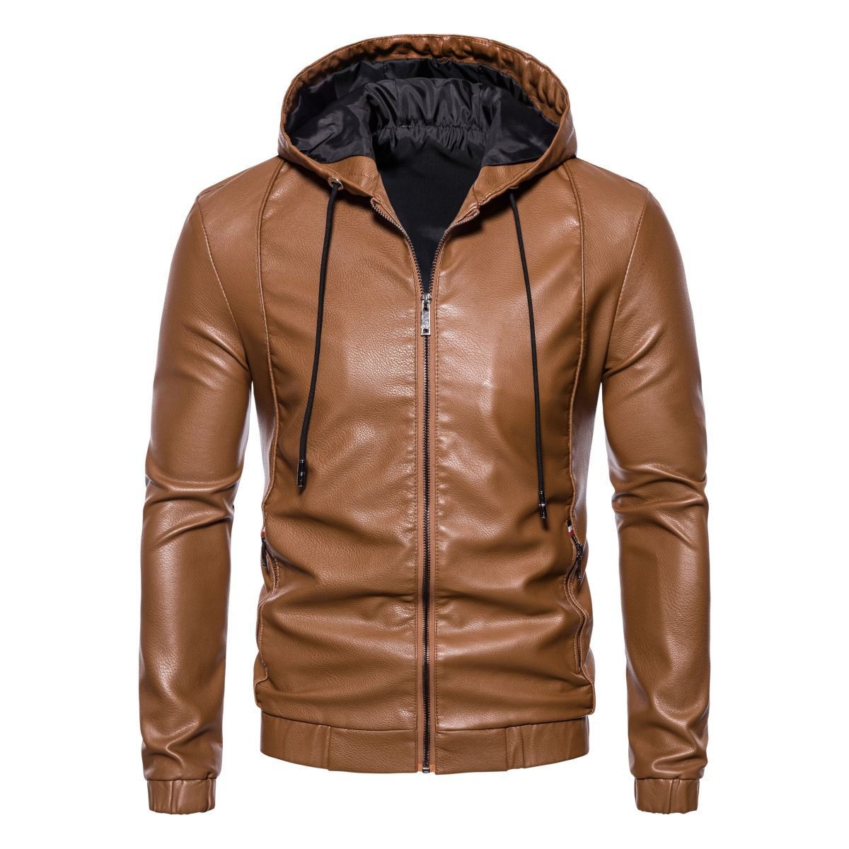 Autumn and winter thin velvet leather jacket hooded leather jacket men's trendy casual motorcycle jackets