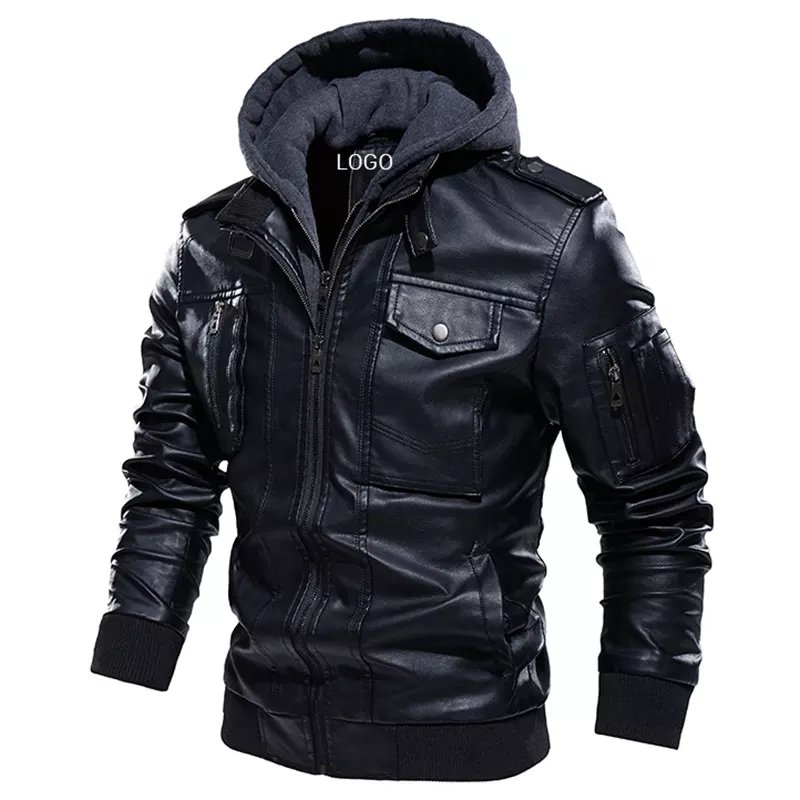 2022 New season design winter new European American large size fashion hooded black color bomber leather hooded jacket men