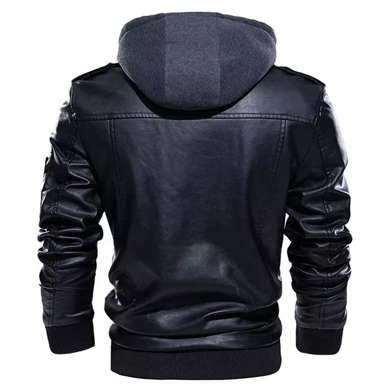 2022 New season design winter new European American large size fashion hooded black color bomber leather hooded jacket men