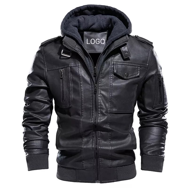 2022 New season design winter new European American large size fashion hooded black color bomber leather hooded jacket men