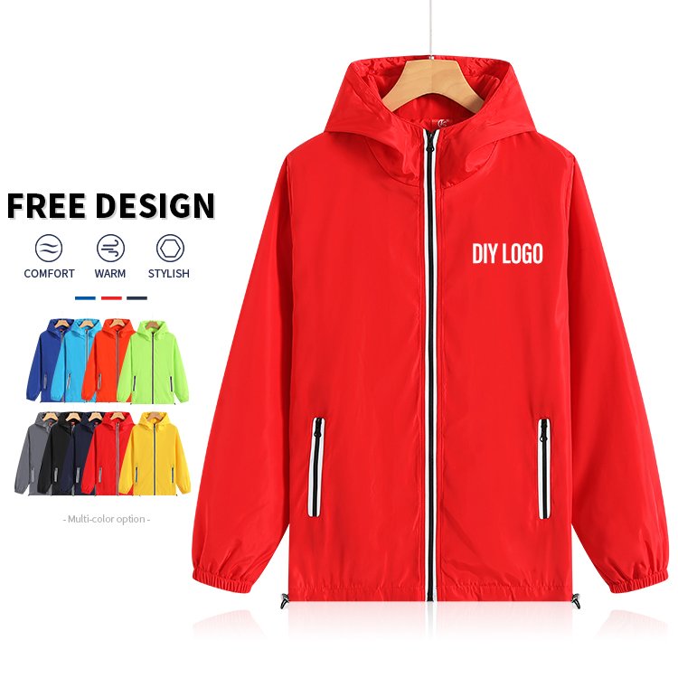 Custom Fashion Men's Windbreaker Hoodie Jacket Coat With Zipper Lightweight with Logo Polyester Windbreaker Jacket