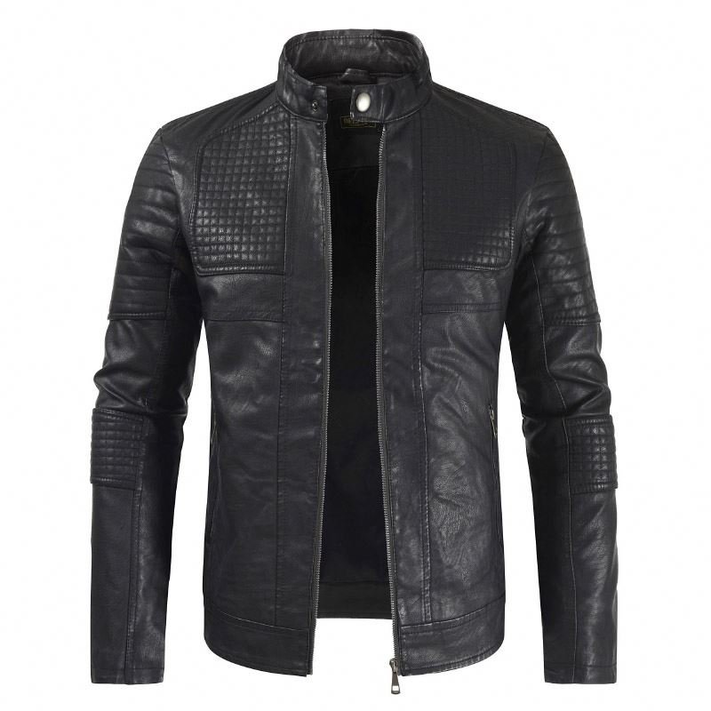 Spring Autumn New Pu Leather Jacket Men's Leisure Washed Thin Motorcycle Coat Shell for Winter Printed O-neck Polyester / Cotton