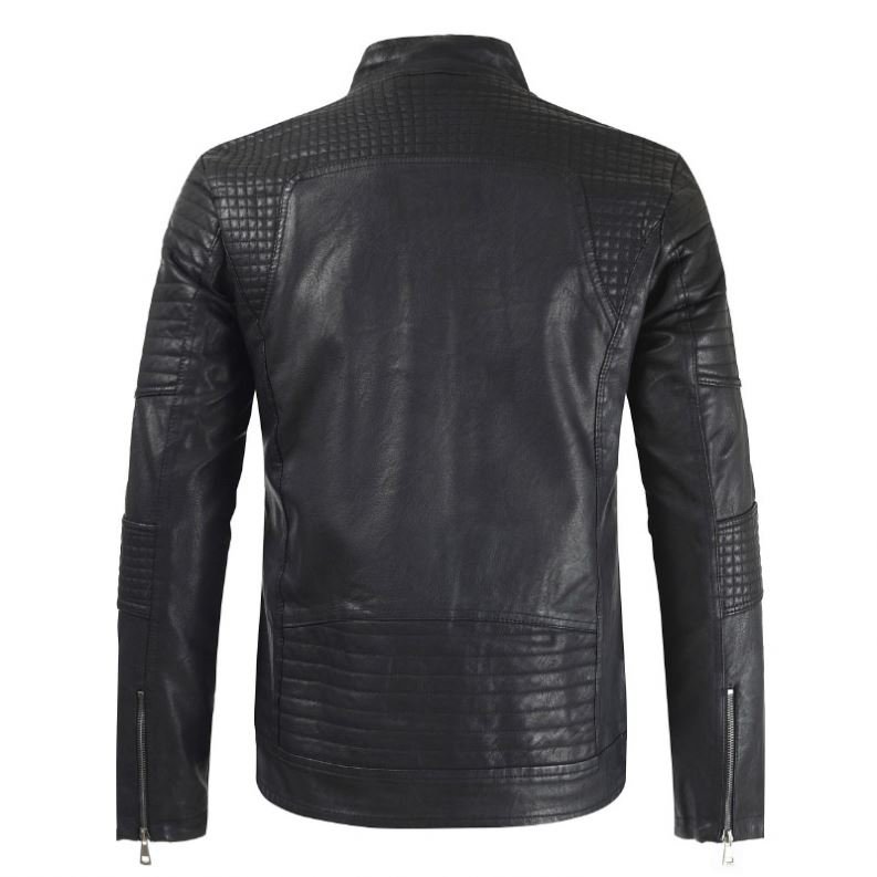 Spring Autumn New Pu Leather Jacket Men's Leisure Washed Thin Motorcycle Coat Shell for Winter Printed O-neck Polyester / Cotton