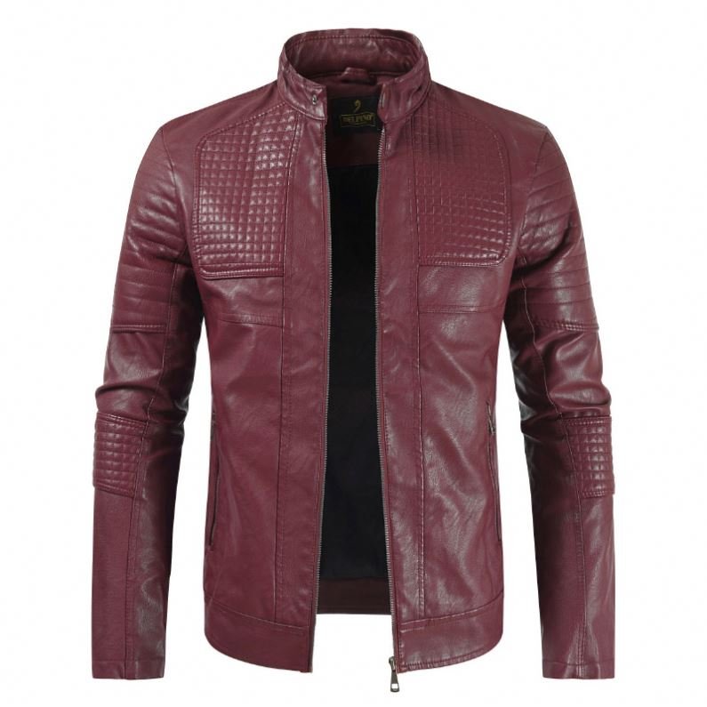 Spring Autumn New Pu Leather Jacket Men's Leisure Washed Thin Motorcycle Coat Shell for Winter Printed O-neck Polyester / Cotton