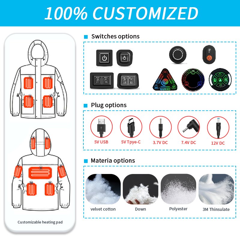 Men's Casual Fleece Jacket Winter Outdoor Heated Jacket 5 Heating Pad XL/2XL Size Stand Collar Logo Decoration Heated Jacket