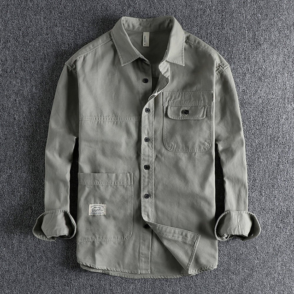 Autumn Heavy Cotton Long-sleeved Shirt men Europe And The United States Style Casual Tooling Strip Shirt jacket Loose Fashion