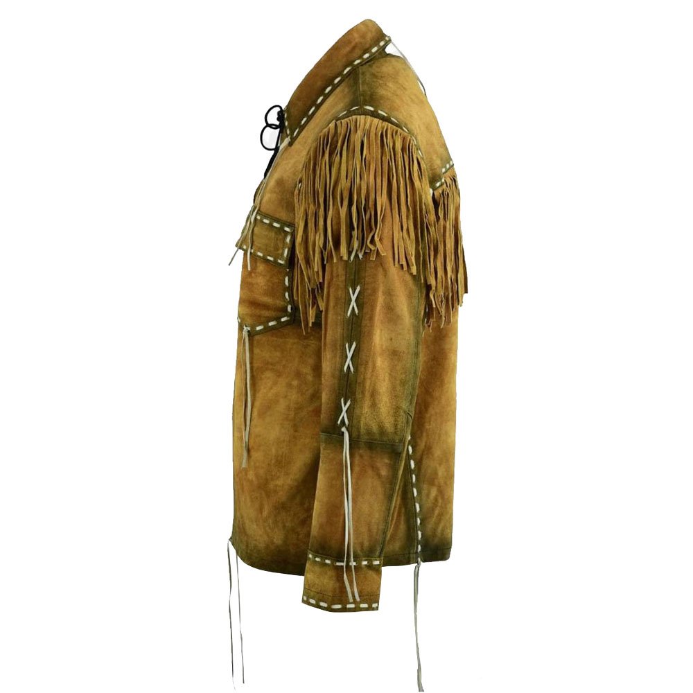 Western Style Cowboy Style Fringed & Beaded Hand Made Work Cow Suede Men Leather Shirt / Cowboy Suede Leather Jacket