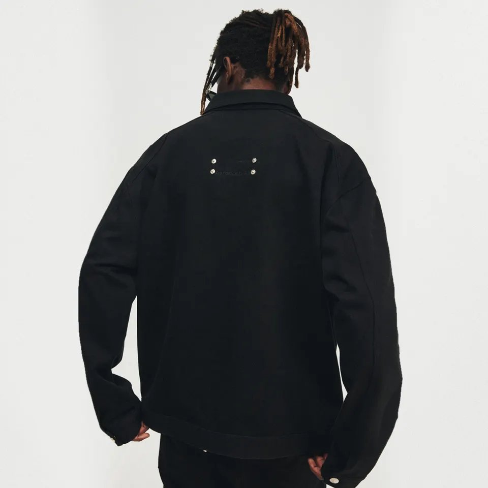 New arrival custom logo street wear oversize zip up varsity jacket mens Black Rivet bump nail patch punk men's jacket