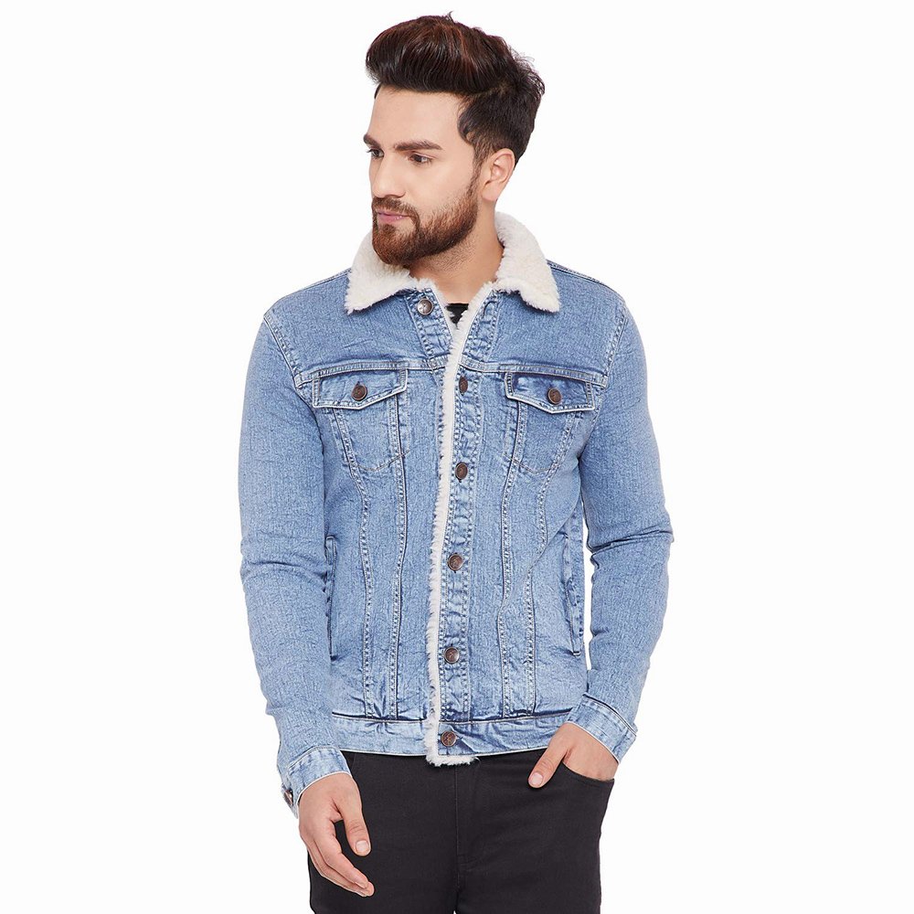 Wholesale Men's Denim Jackets Fur Collar Front Pocket Full Sleeve Winter Casual Wear Jackets For Men's