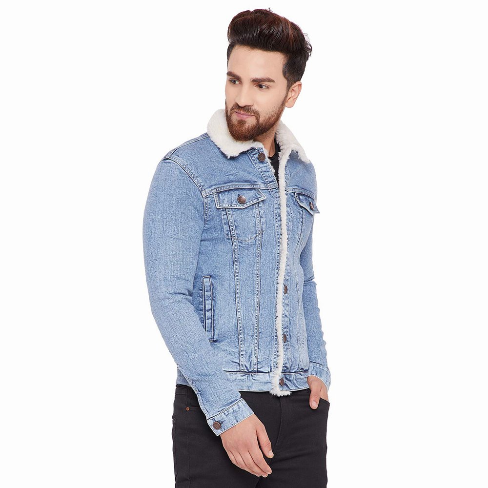 Wholesale Men's Denim Jackets Fur Collar Front Pocket Full Sleeve Winter Casual Wear Jackets For Men's