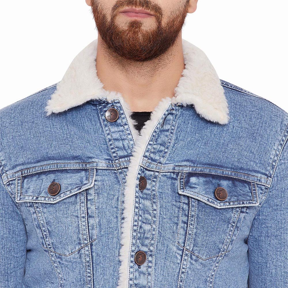Wholesale Men's Denim Jackets Fur Collar Front Pocket Full Sleeve Winter Casual Wear Jackets For Men's