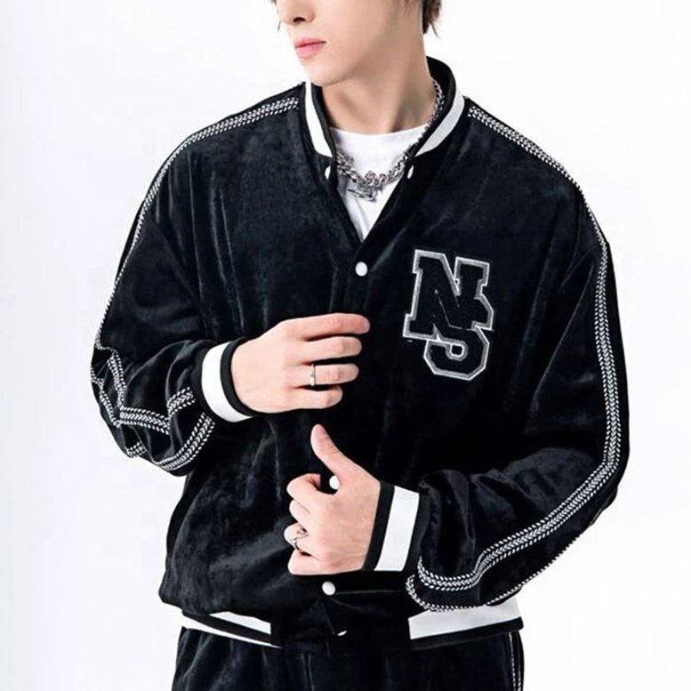 High quality contrast stitching baseball letter patched tape trim velvet fleece college custom bomber plus size jacket for men