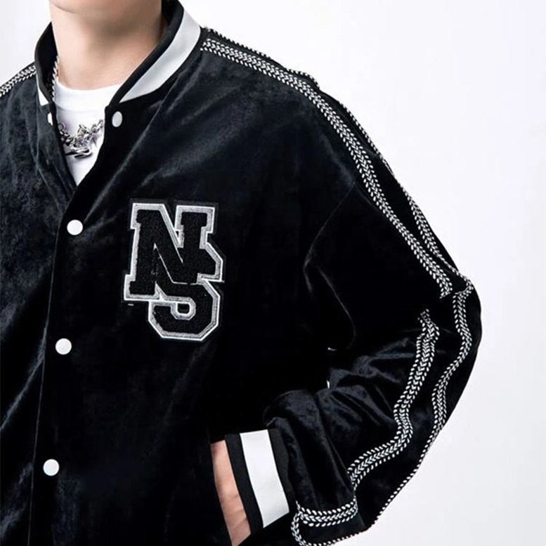 High quality contrast stitching baseball letter patched tape trim velvet fleece college custom bomber plus size jacket for men