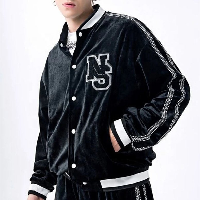 High quality contrast stitching baseball letter patched tape trim velvet fleece college custom bomber plus size jacket for men
