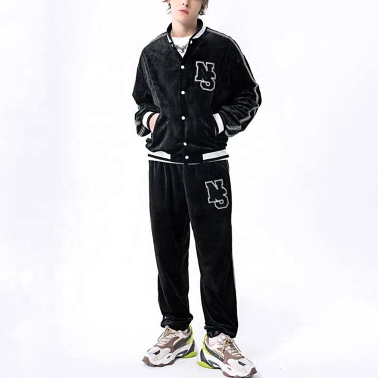 High quality contrast stitching baseball letter patched tape trim velvet fleece college custom bomber plus size jacket for men