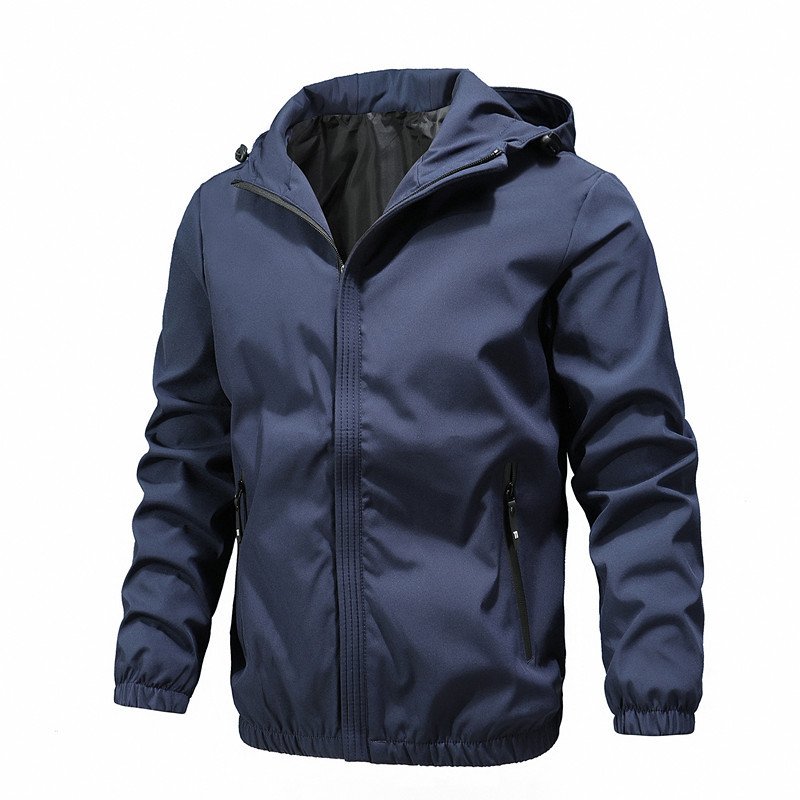 High Quality Men's Casual Hooded Sports Jacket Custom Logo Solid Color Zip-Up Woven Fabric Pocketed Windbreaker Jacket Wholesale