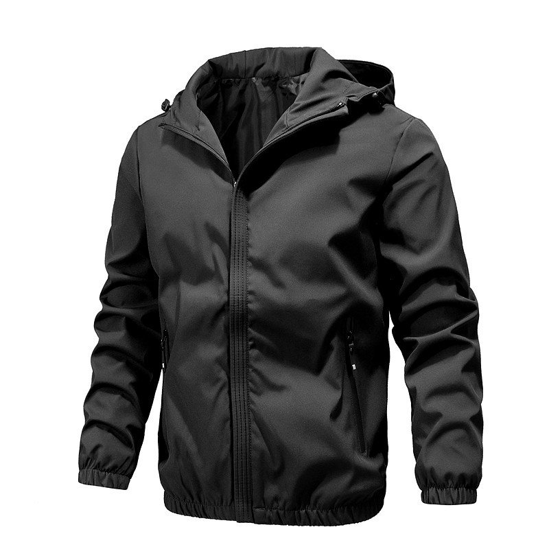 High Quality Men's Casual Hooded Sports Jacket Custom Logo Solid Color Zip-Up Woven Fabric Pocketed Windbreaker Jacket Wholesale