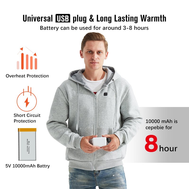 USB Battery Powered Heated 5V /2A Plus Size Women Men's Jacket Smart Temperature Control Outdoor Classic Style Hoodie