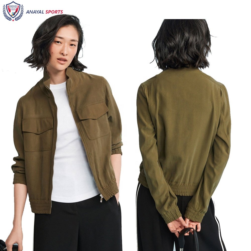 Pakistan Made High Quality Women Jackets Khaki Green Color Customize Stylish Women Outer Wear Bomber Jackets BY ANAYAL SPORTS