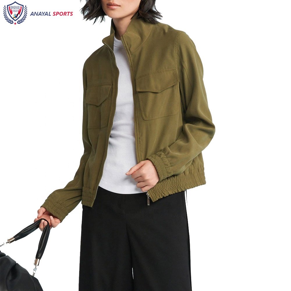 Pakistan Made High Quality Women Jackets Khaki Green Color Customize Stylish Women Outer Wear Bomber Jackets BY ANAYAL SPORTS
