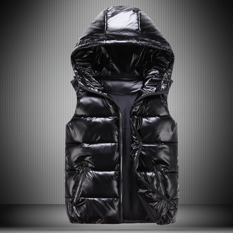 winter sleeveless glossy puffer vest jacket custom logo waterproof shiny bubble Men's vests with hoodie