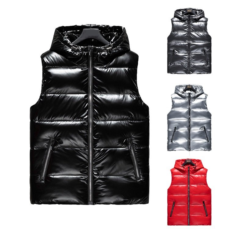 winter sleeveless glossy puffer vest jacket custom logo waterproof shiny bubble Men's vests with hoodie