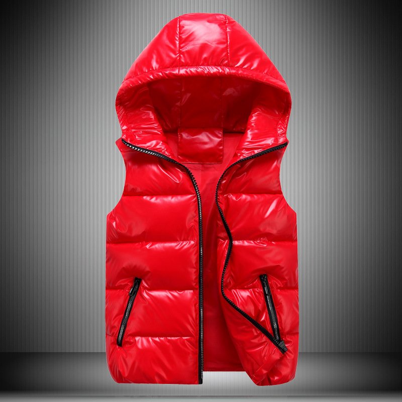 winter sleeveless glossy puffer vest jacket custom logo waterproof shiny bubble Men's vests with hoodie
