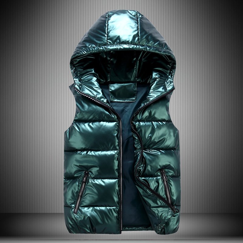 winter sleeveless glossy puffer vest jacket custom logo waterproof shiny bubble Men's vests with hoodie