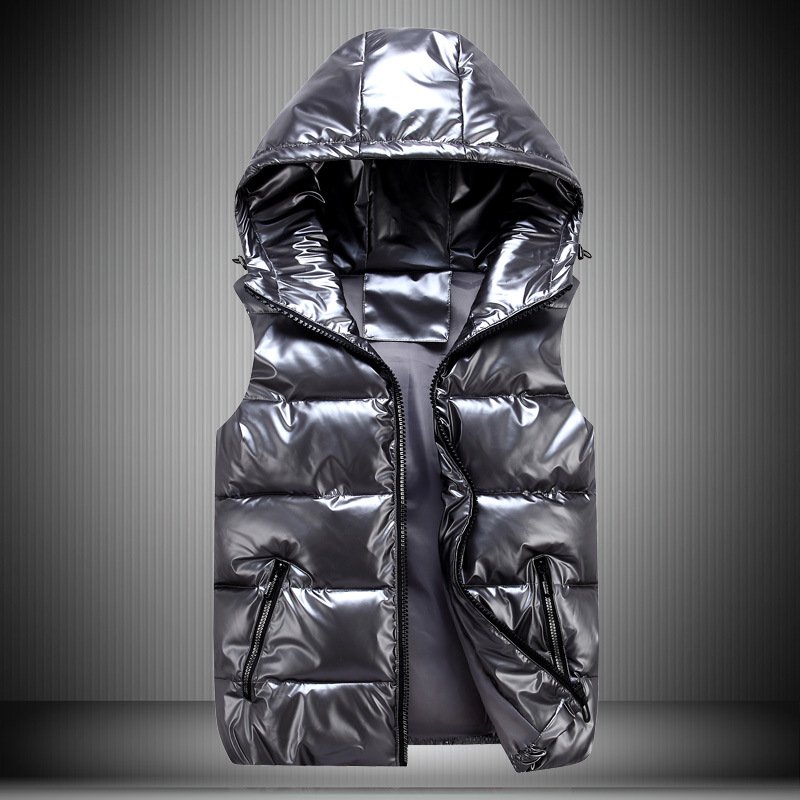 winter sleeveless glossy puffer vest jacket custom logo waterproof shiny bubble Men's vests with hoodie