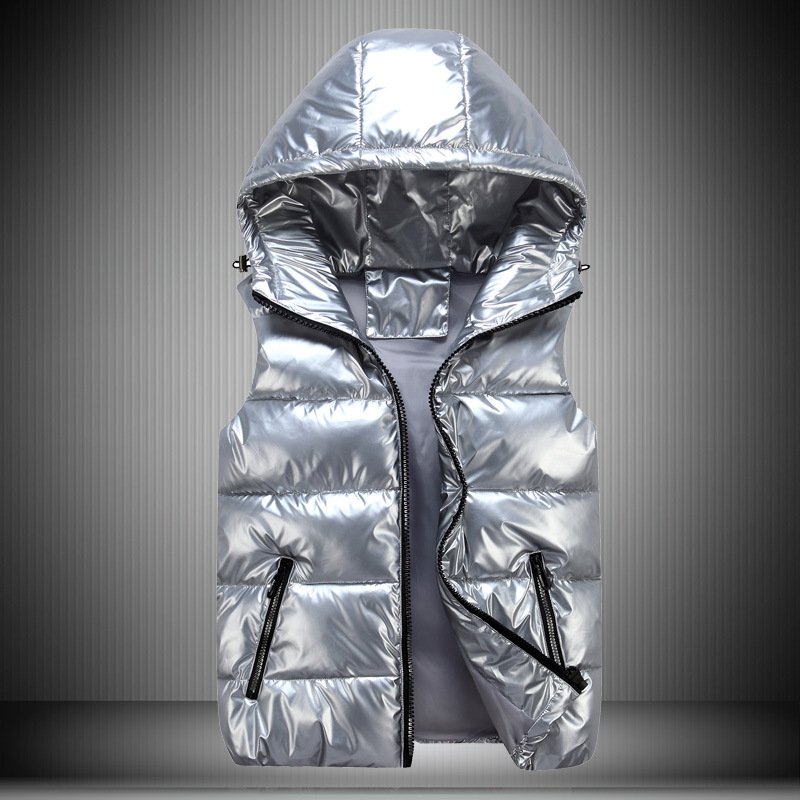 winter sleeveless glossy puffer vest jacket custom logo waterproof shiny bubble Men's vests with hoodie