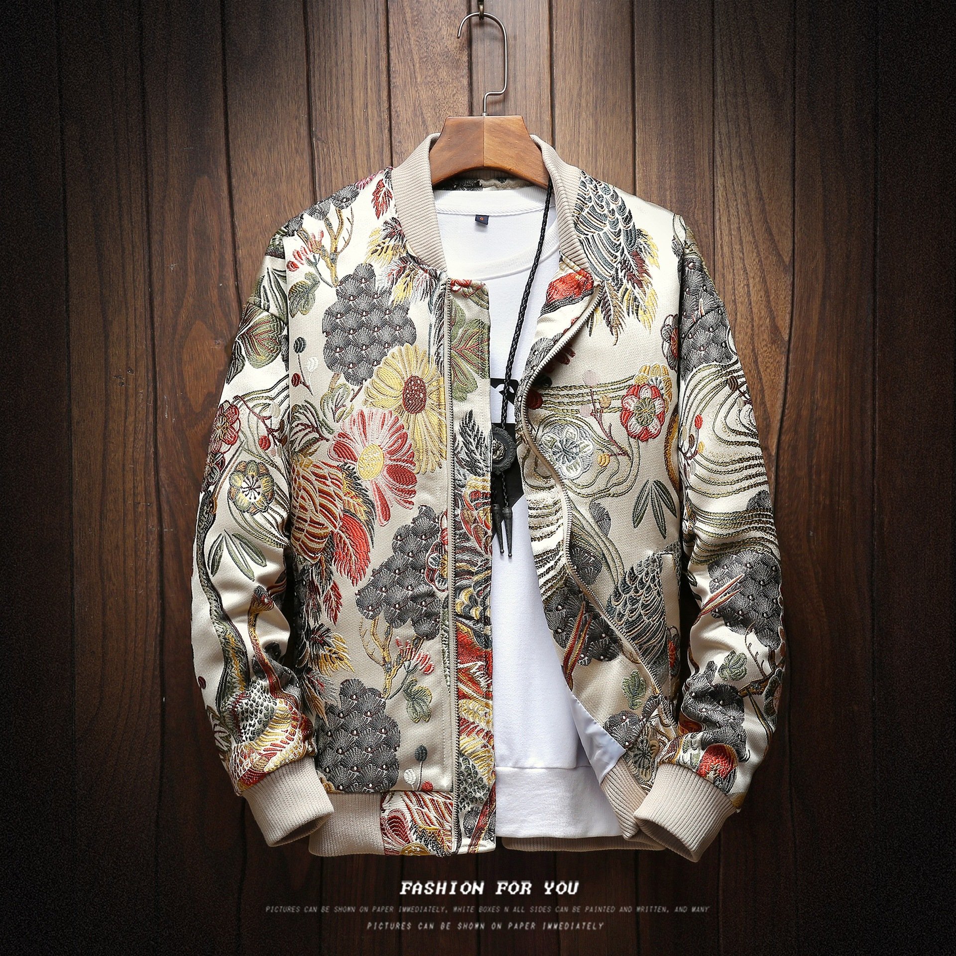 National Style Floral & Crane Chinese Style Embroidery Jacket Stand Collar Long Sleeve Jacket Men's Clothing