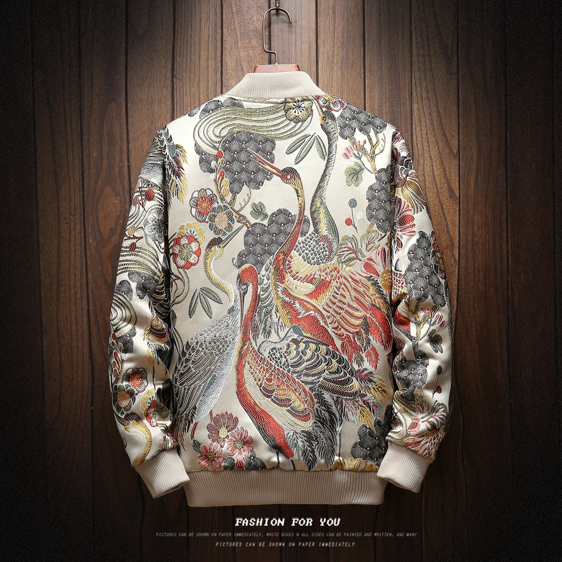 National Style Floral & Crane Chinese Style Embroidery Jacket Stand Collar Long Sleeve Jacket Men's Clothing