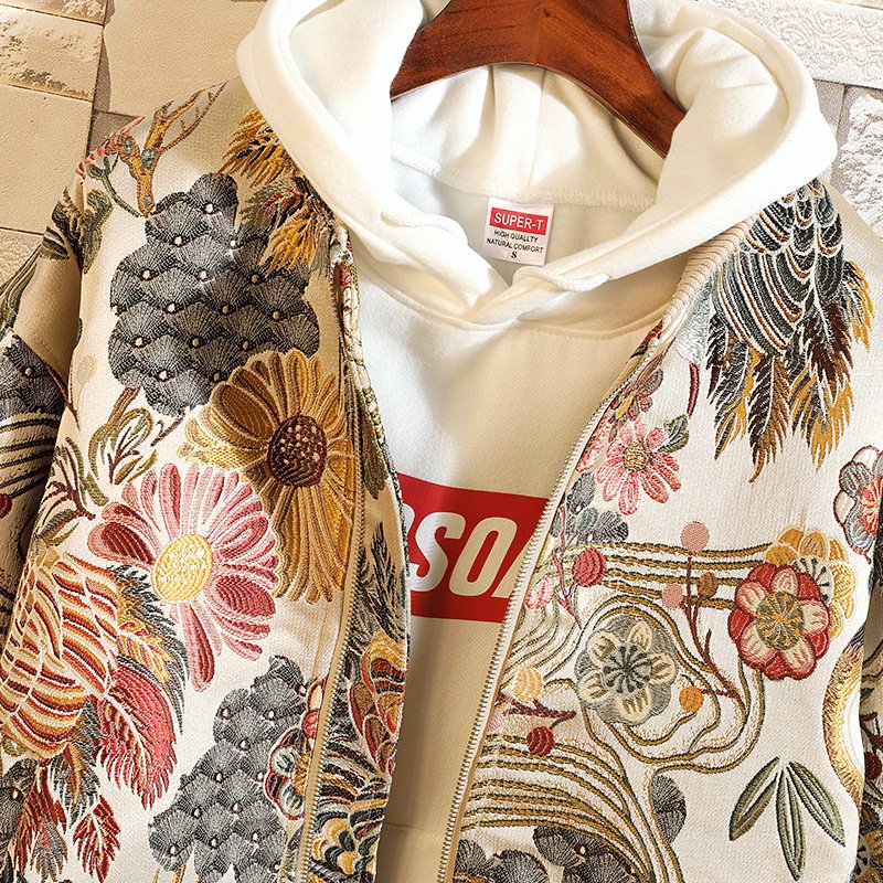 National Style Floral & Crane Chinese Style Embroidery Jacket Stand Collar Long Sleeve Jacket Men's Clothing