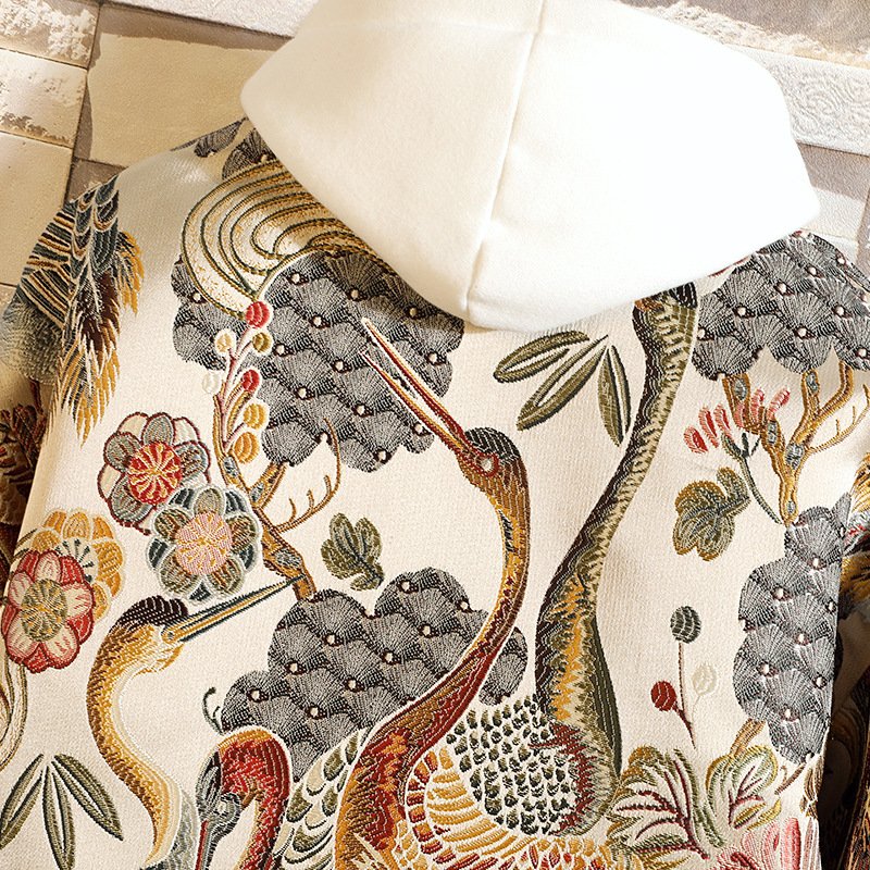 National Style Floral & Crane Chinese Style Embroidery Jacket Stand Collar Long Sleeve Jacket Men's Clothing